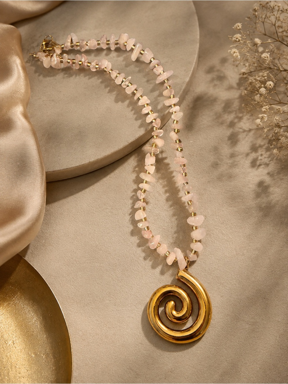 Gold tone Spiral Pendant Necklace with Rose Quartz Beads - Picture 4 of 4